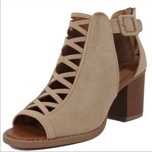 Taupe Open Toe Cut Out Side Buckle Stacked Heel